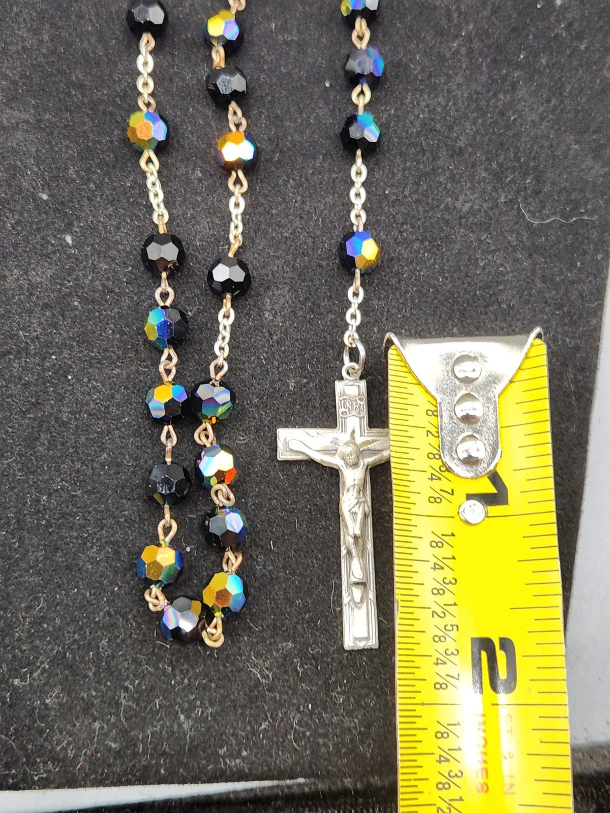 Vintage 925 Sterling Silver Miraculous Medal Rosary Black Aurora Borealis...