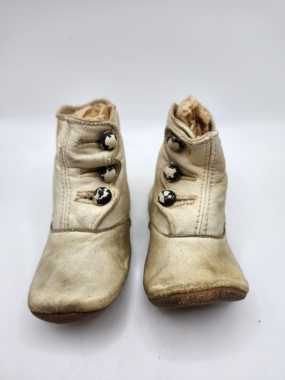 Vintage Infant Baby Button Boots Leather Shoes Antique Beige Victorian Decor