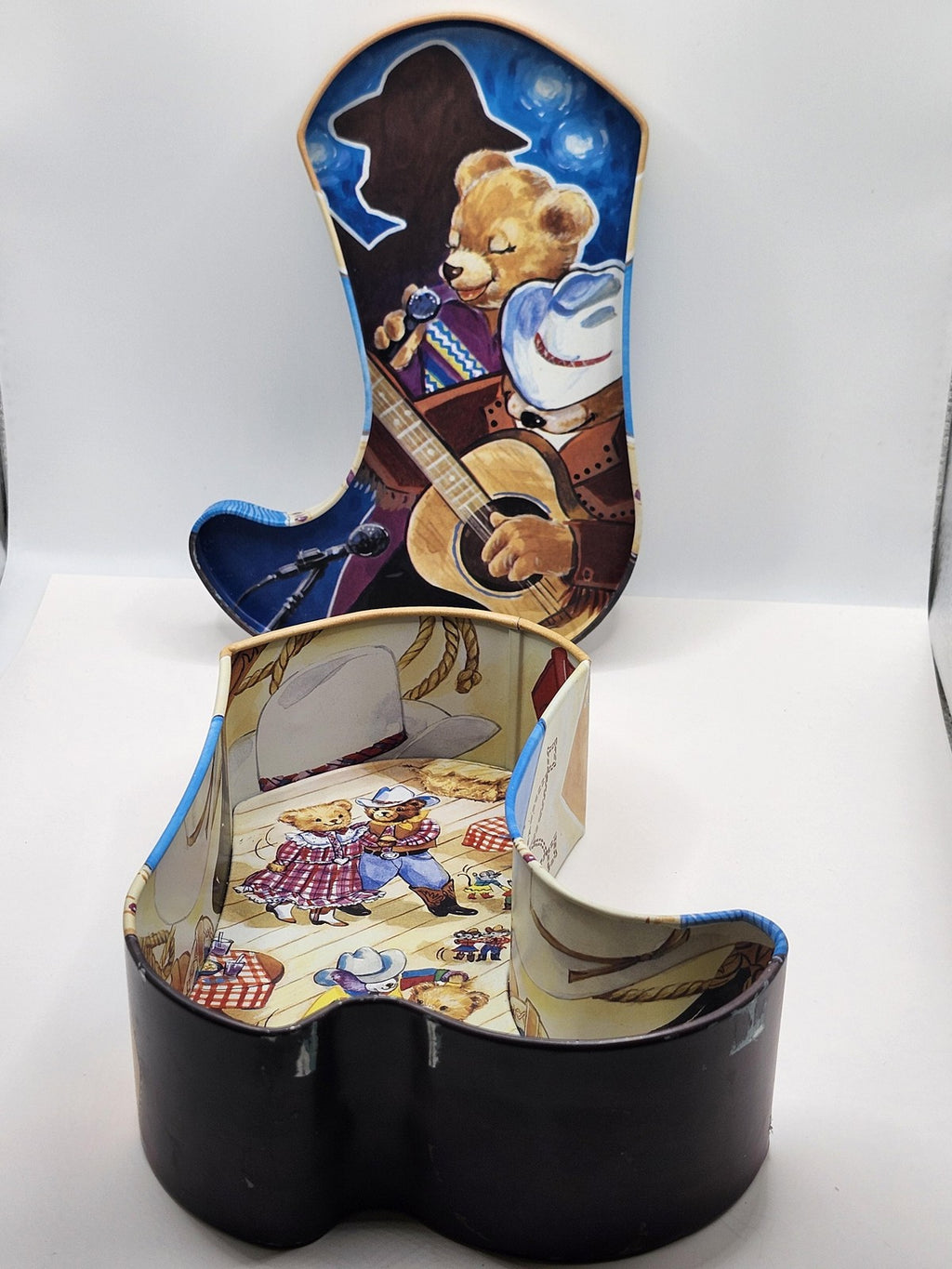 Cowboy Boot Tin Box Medium Blue Teddy Bear Western Christmas Holiday Gift Decor