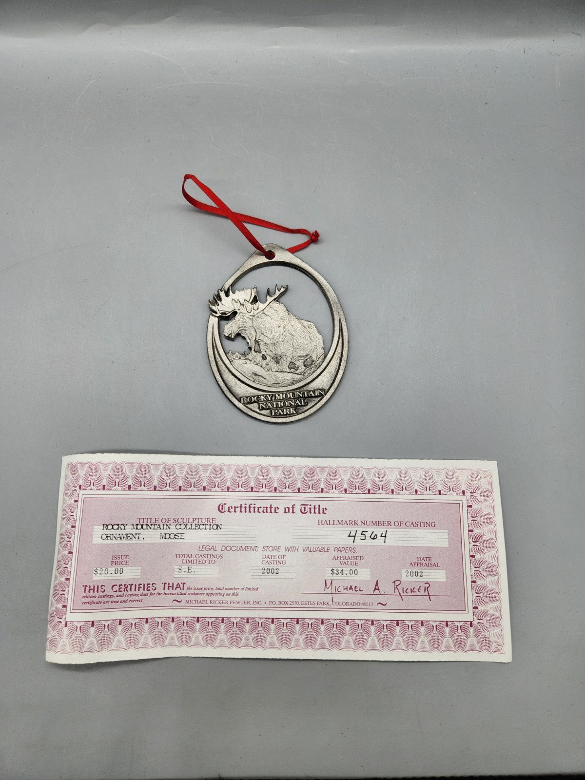 Michael Ricker Pewter Moose Ornament Rocky Mountain National Park 2002 w/ COA