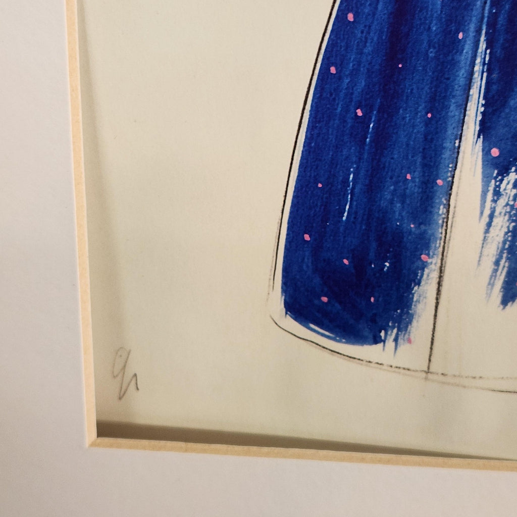 Woman Blue Dress Original Fashion Illustration Drawing Ink Pencil Matted Medium