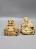 Pair Asian Carved Stone Buddha & Fukurokuju Figurines Vintage 4" Statues
