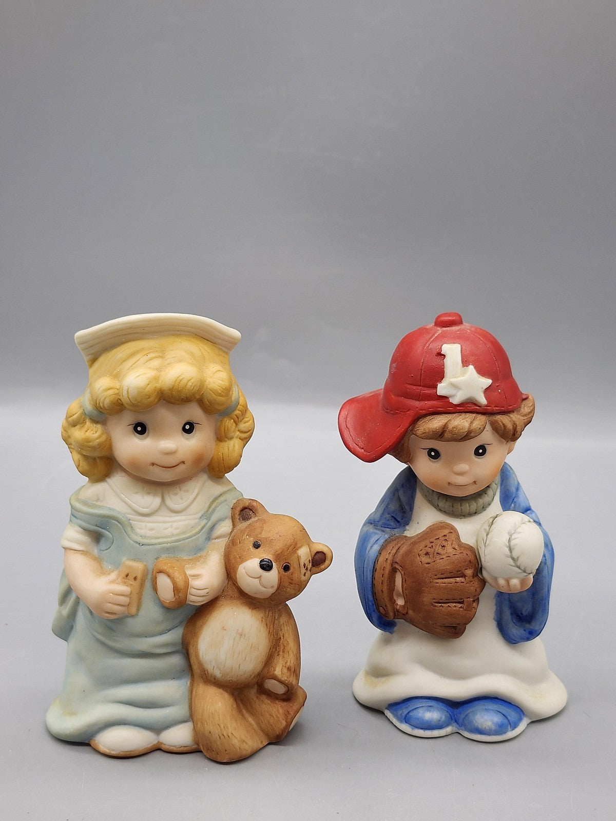 Vintage Let's Pretend Children Figurines Lot 2 Nurse Teddy Bear Baseball Decor