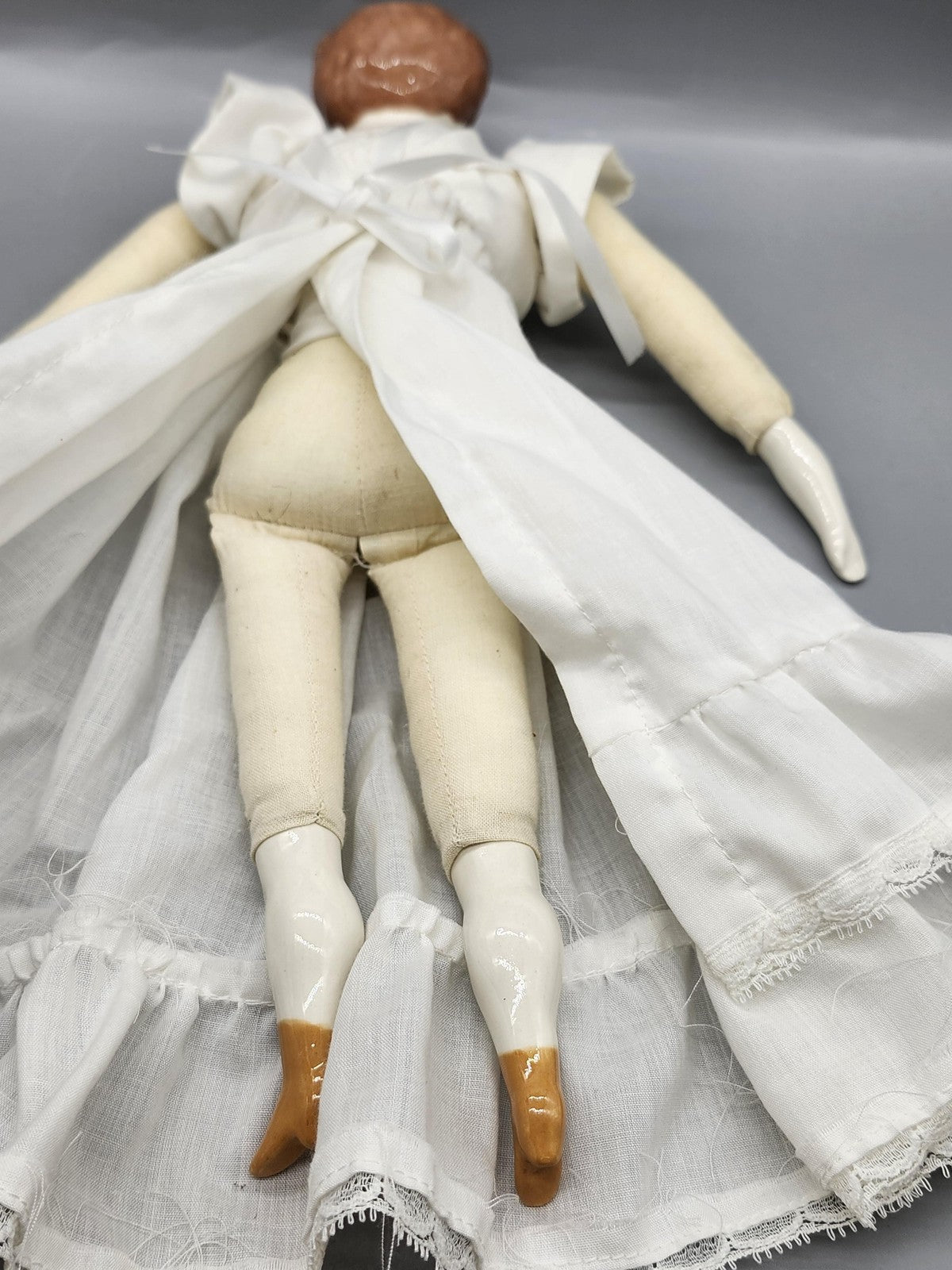 Vintage Porcelain Cloth Body Girl Doll 13 In White Dress Red Hair Signed