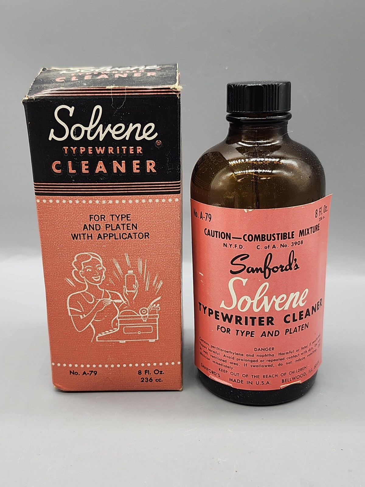 Vintage Sanford Solvene Typewriter Cleaner 8 Oz Bottle Box No A-79