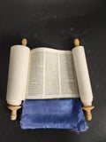 Mini Torah Scroll Hebrew Text Blue Cloth Cover Wooden Handles Judaica Decor