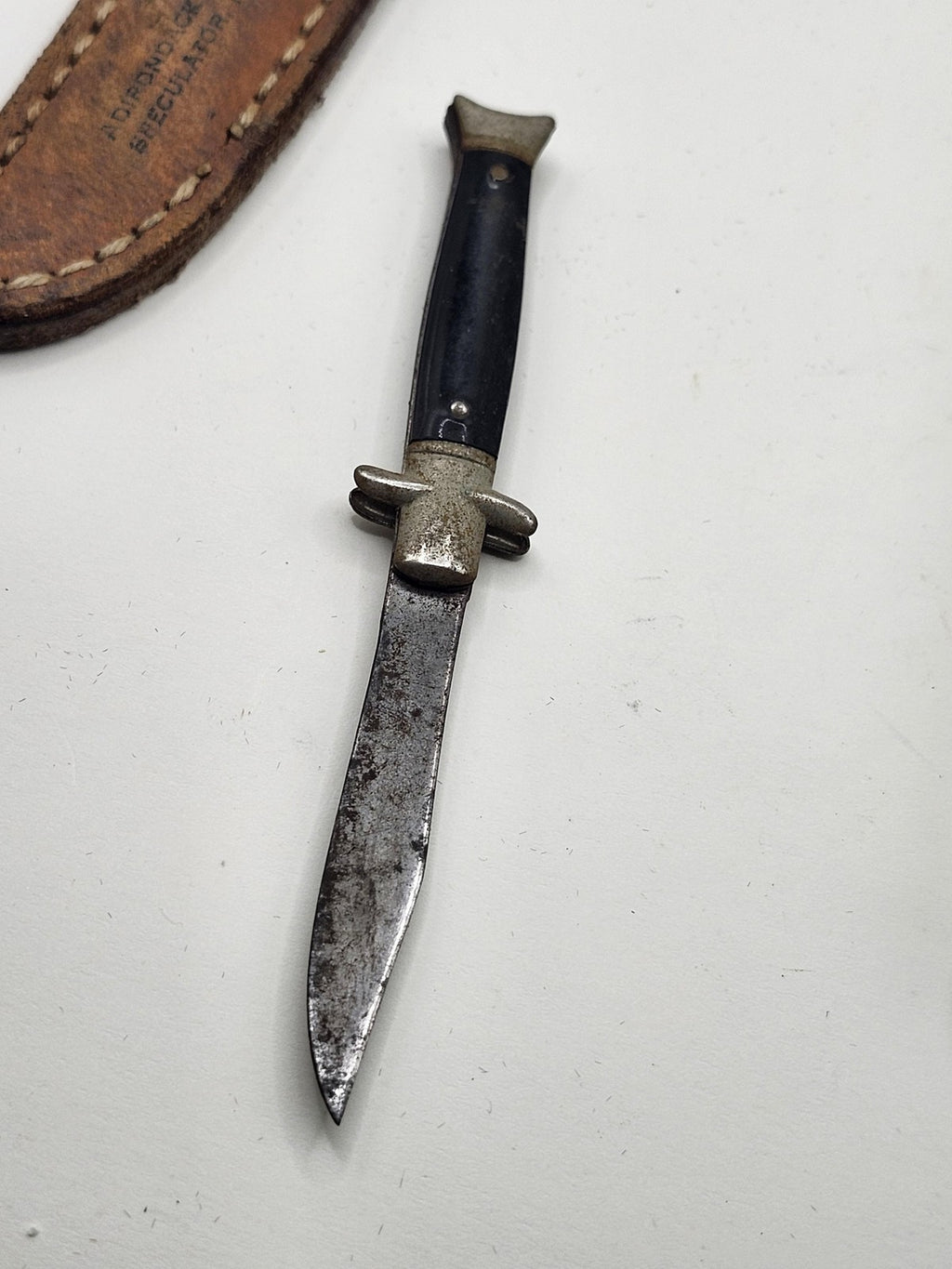 Vintage Mini Hunting Knife Fixed Blade Plastic Handle Brown Leather Sheath USA