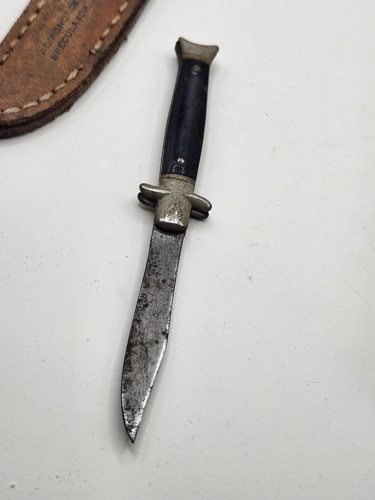 Vintage Mini Hunting Knife Fixed Blade Plastic Handle Brown Leather Sheath USA