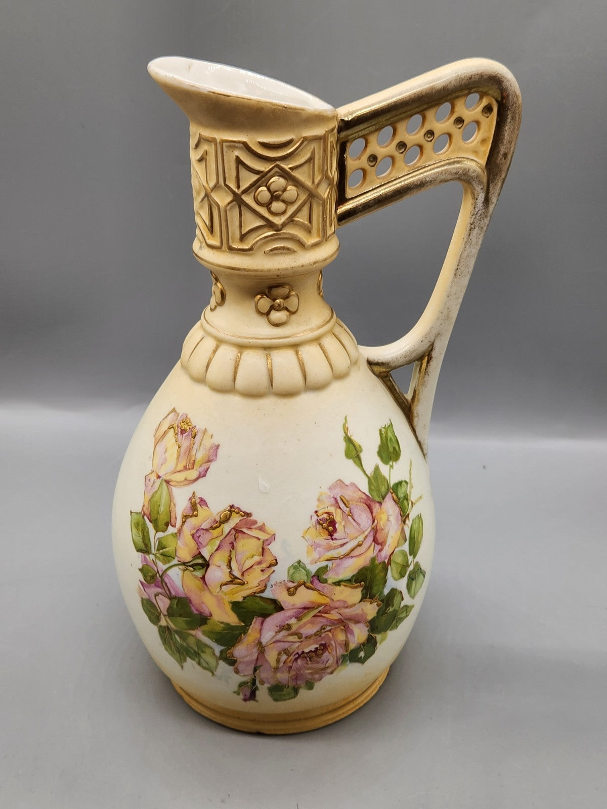 Vintage Austria Porcelain Floral Ewer Pitcher Hand Painted Roses Gold Gilt...
