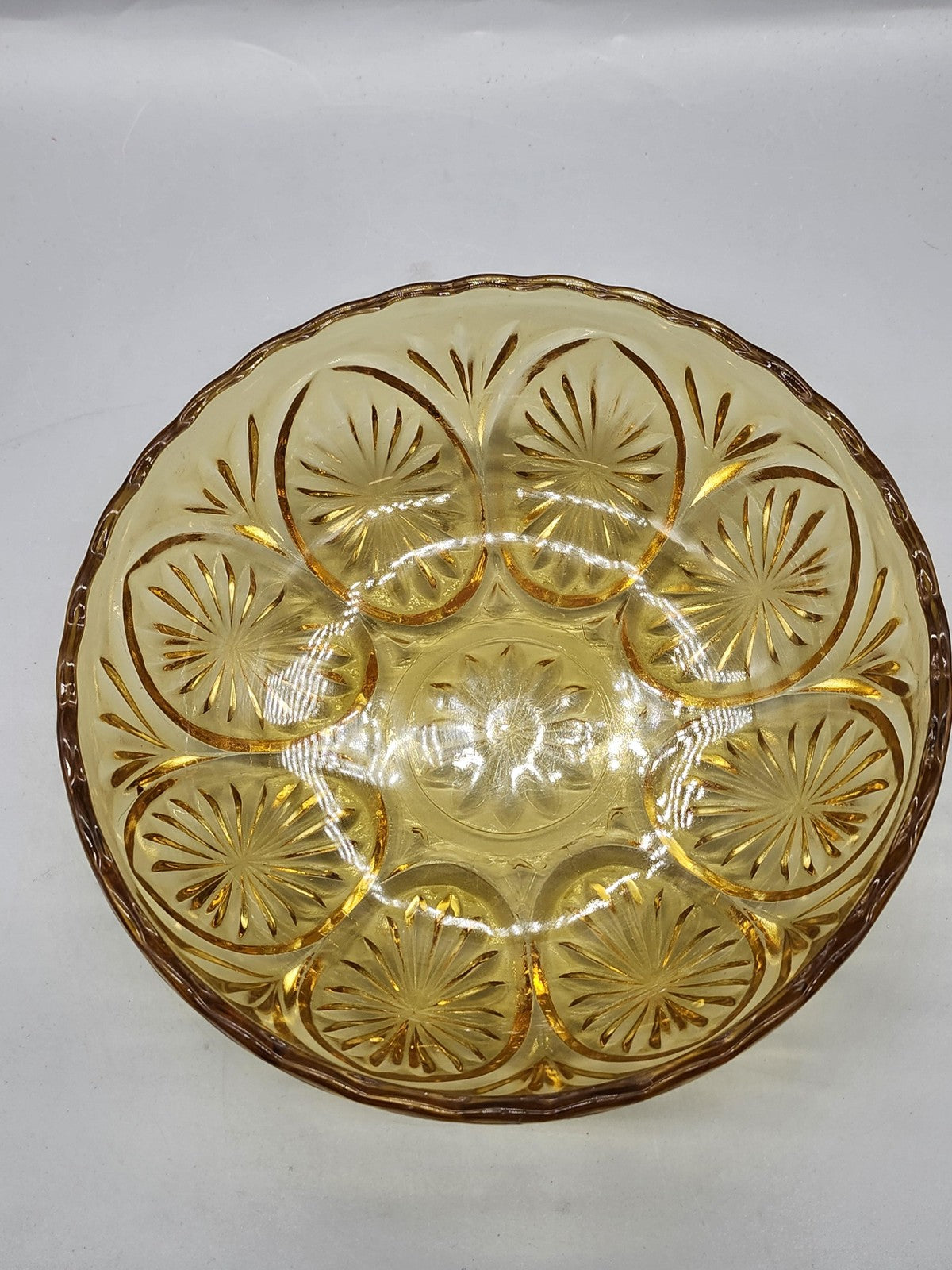 Vintage Yellow Pressed Glass Serving Bowl Starburst Round Scalloped Retro Decor
