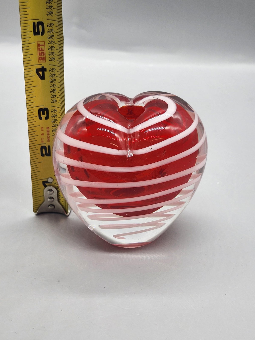 Unmarked Red Art Glass Heart Paperweight White Swirl Pen Holder Desk Decor