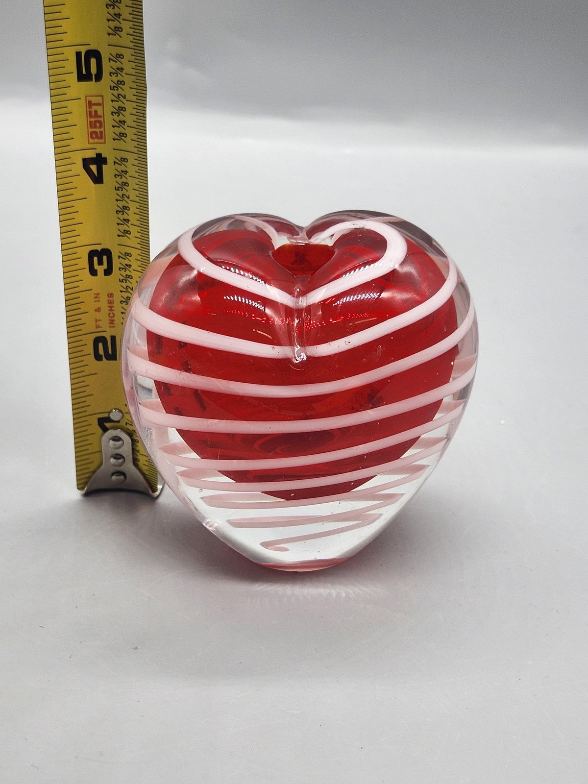 Unmarked Red Art Glass Heart Paperweight White Swirl Pen Holder Desk Decor