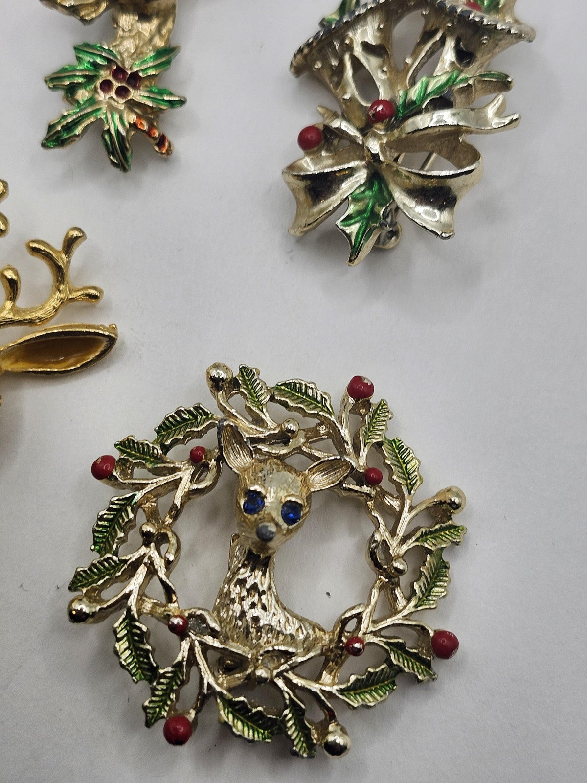 Christmas Reindeer Brooch Pin Lot Gold Tone Enamel Rhinestone Holiday Jewelry