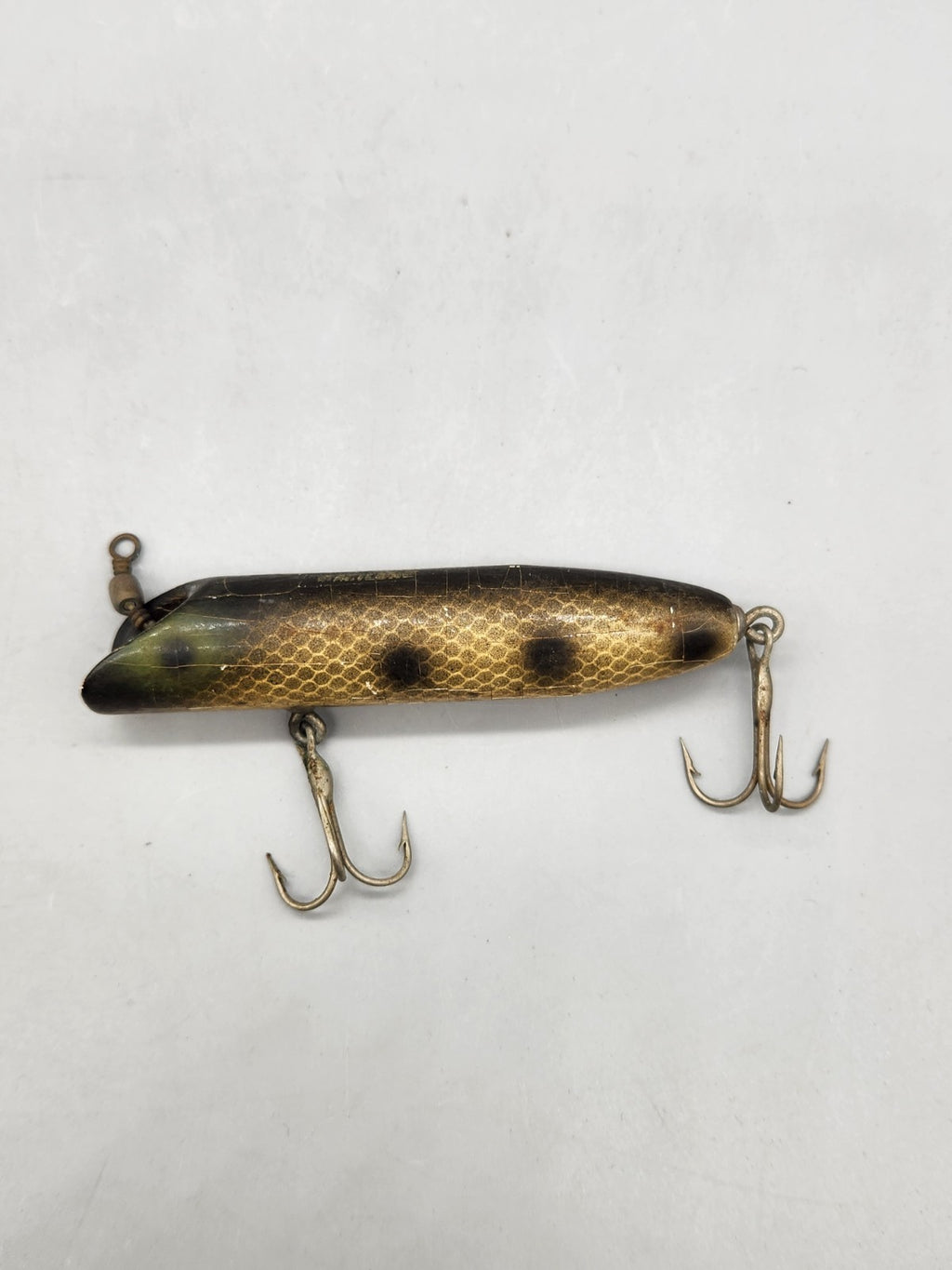 Vintage Artlure Wooden Fishing Lure Crackle Finish Black Gold Dual Treble Hooks