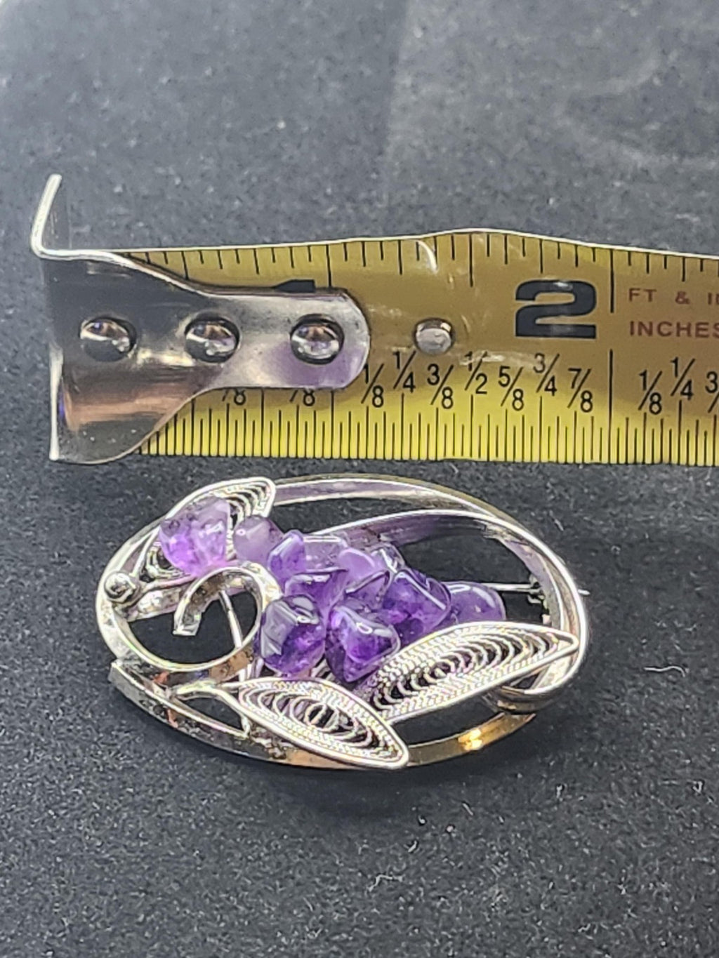 Purple Amethyst Stone Cluster Floral Brooch Pin Silver Tone Oval Filigree 2 Inch