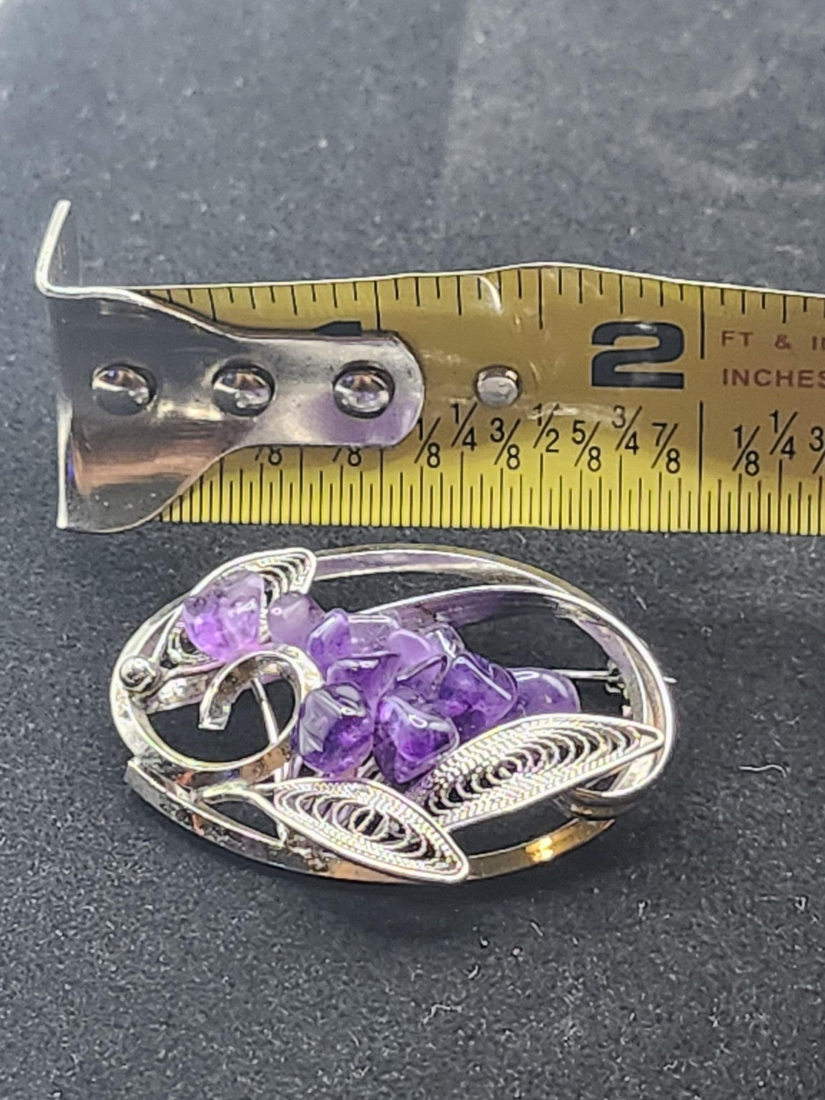 Purple Amethyst Stone Cluster Floral Brooch Pin Silver Tone Oval Filigree 2 Inch