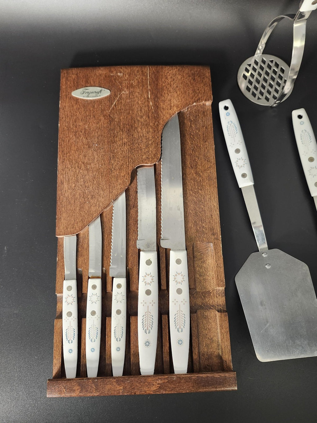 Forgecraft By Town & Country Knife Set 10pc White Stainless Wood Rack Kitchen