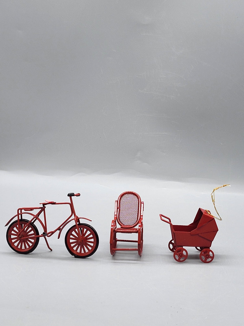 Miniature Red Metal Bicycle Rocking Chair Baby Carriage Toy Lot Dollhouse Decor