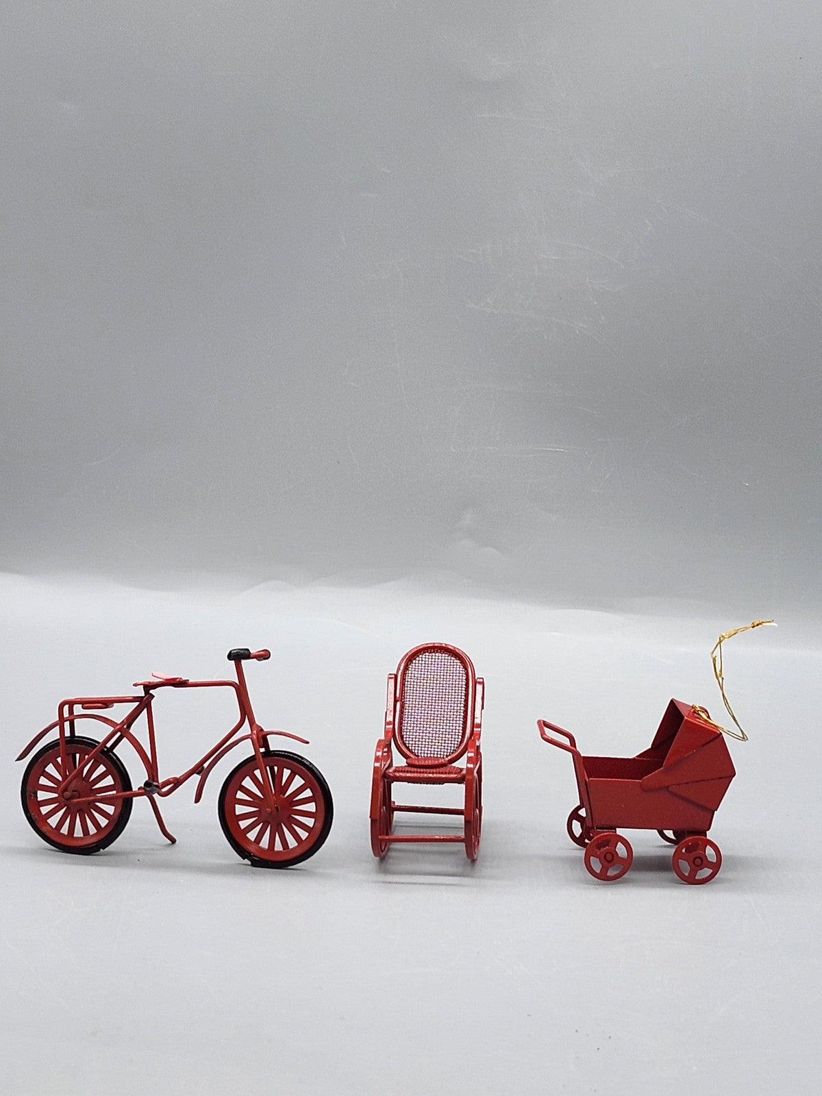 Miniature Red Metal Bicycle Rocking Chair Baby Carriage Toy Lot Dollhouse Decor