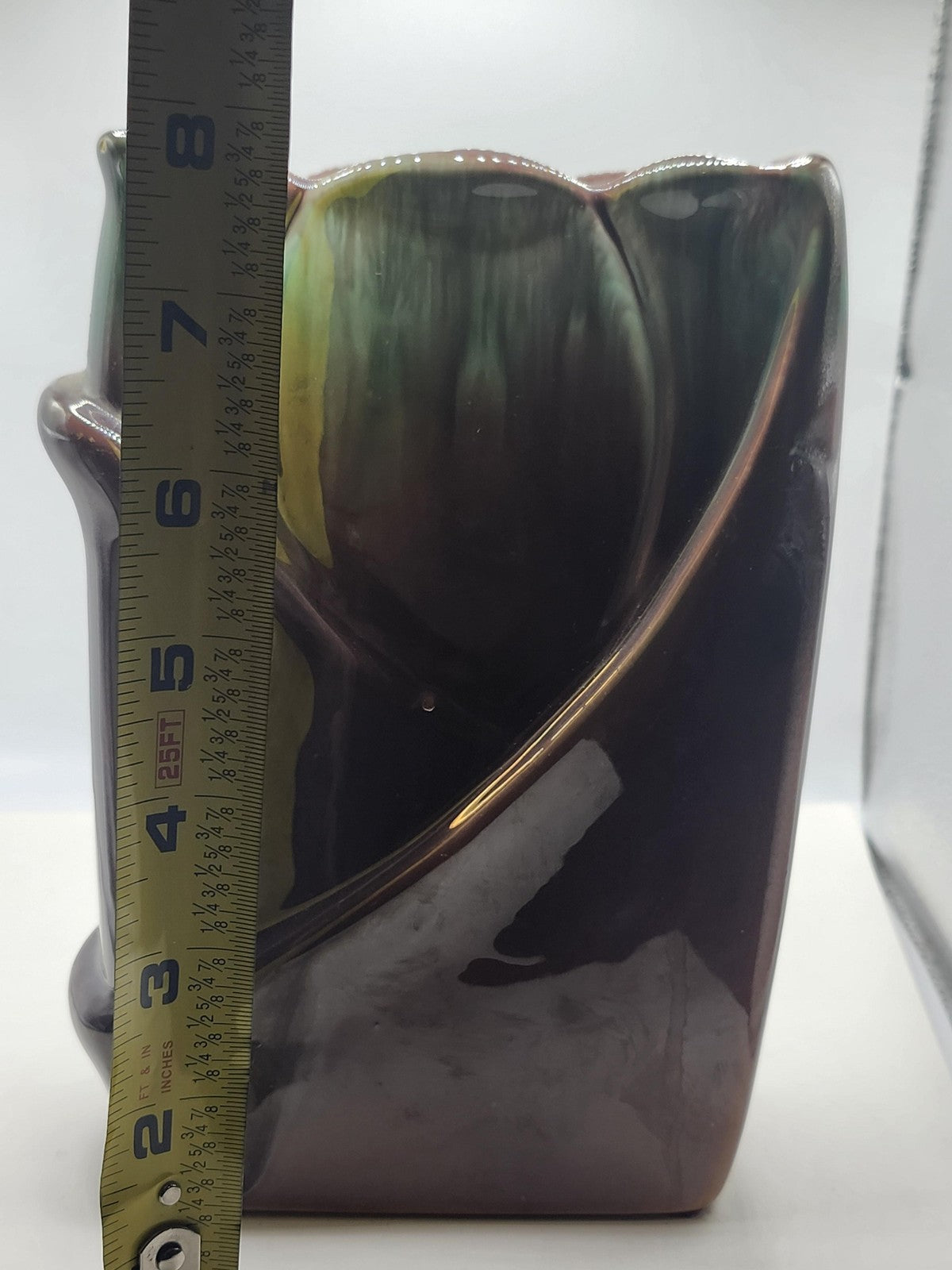 Vintage Brown Green Drip Glaze Ceramic Tulip Flower Relief Art Vase Decor