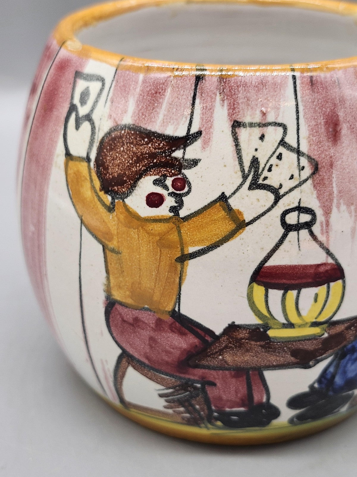 Hand Painted Card Players Coffee Mug Multicolor Ceramic Bamboo Handle Decor