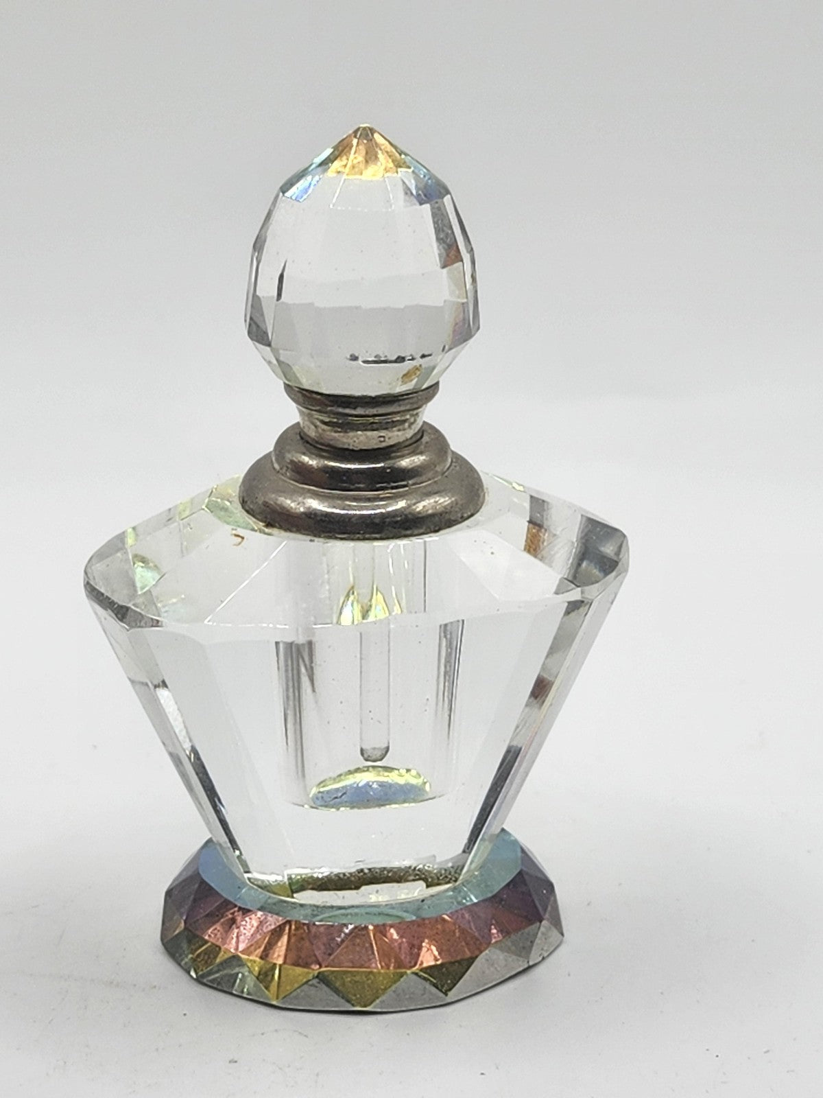 Vintage Crystal Perfume Bottle Faceted Clear Stopper Iridescent Vanity Decor