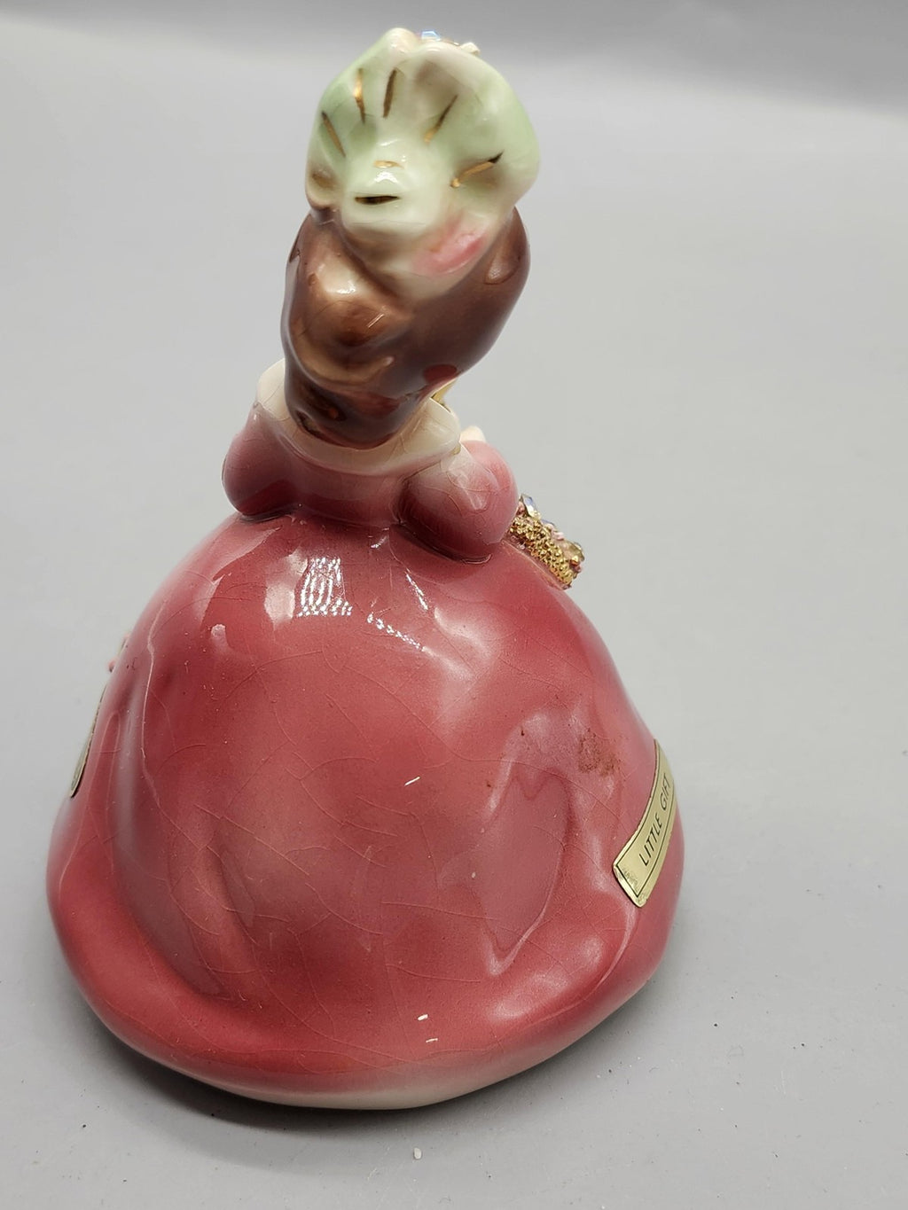 Vintage Josef Originals Little Gift Girl Figurine Pink Green Ceramic Rhinestone