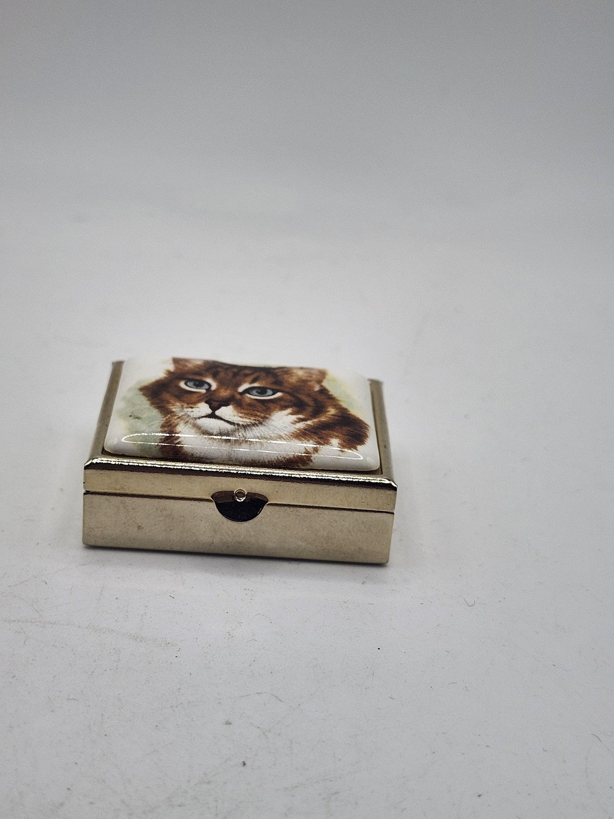 Cat Portrait Pill Box Small Silver Tone Metal Rectangular Trinket Decor