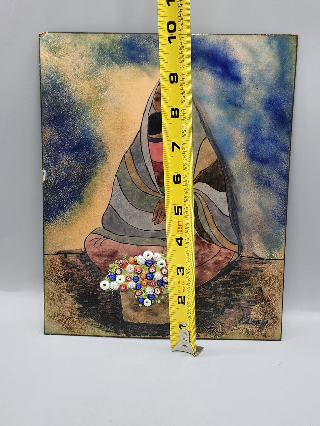 Mother Child Flowers Original Mosaic Tile Signed Colorful Folk Art Small