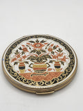 Vintage Stratton Compact Mirror Floral Enamel Round Gold Tone Black England
