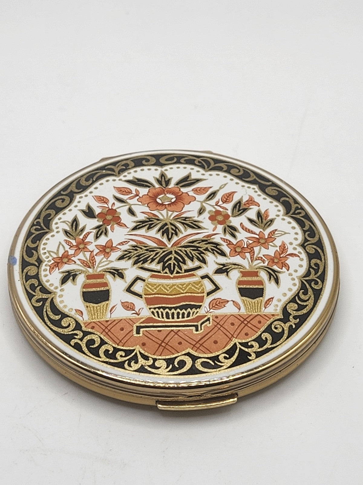 Vintage Stratton Compact Mirror Floral Enamel Round Gold Tone Black England