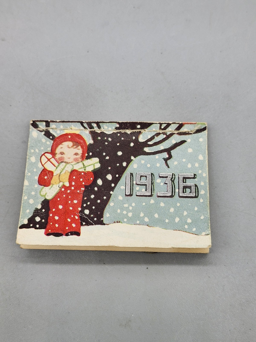 Vintage 1936 Mini Calendar Child In Red Snowsuit Winter Snow Scene Ephemera