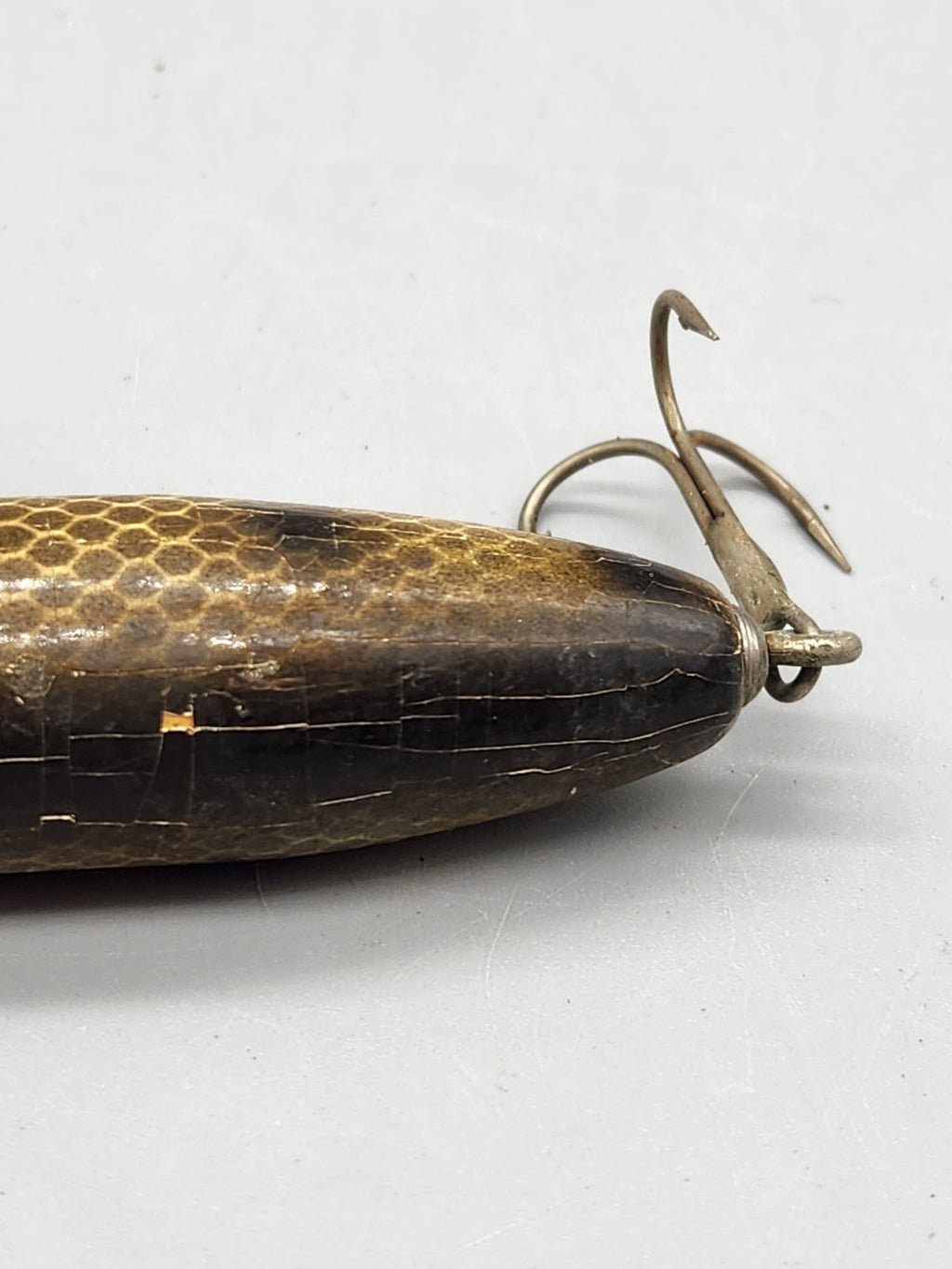 Vintage Artlure Wooden Fishing Lure Crackle Finish Black Gold Dual Treble Hooks
