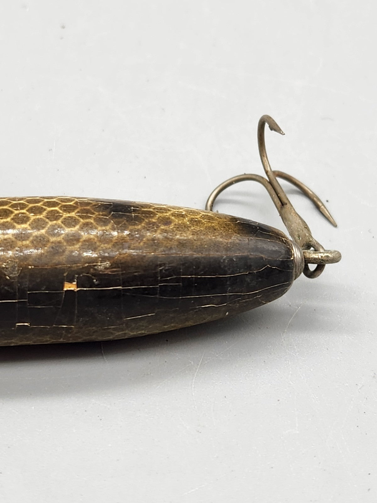 Vintage Artlure Wooden Fishing Lure Crackle Finish Black Gold Dual Treble Hooks