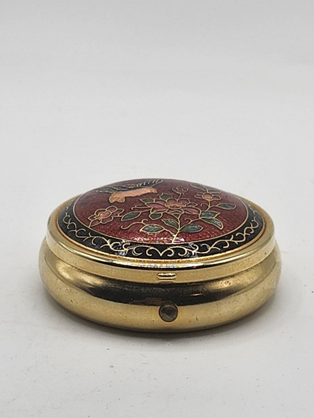Gold Enamel Hummingbird Floral Travel Pill Holder Box 3 Compartment Case Round