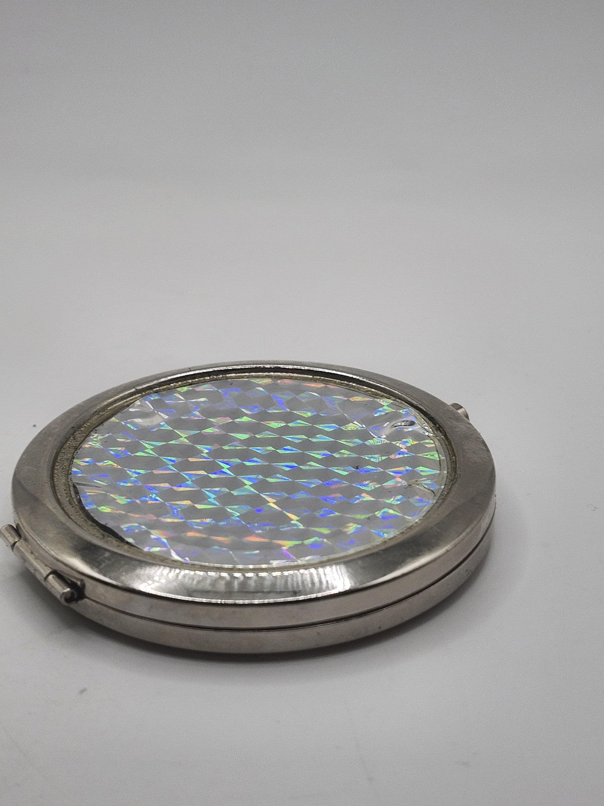 Femme Couture Round Compact Mirror Silver Holographic Dual Sided Portable Makeup