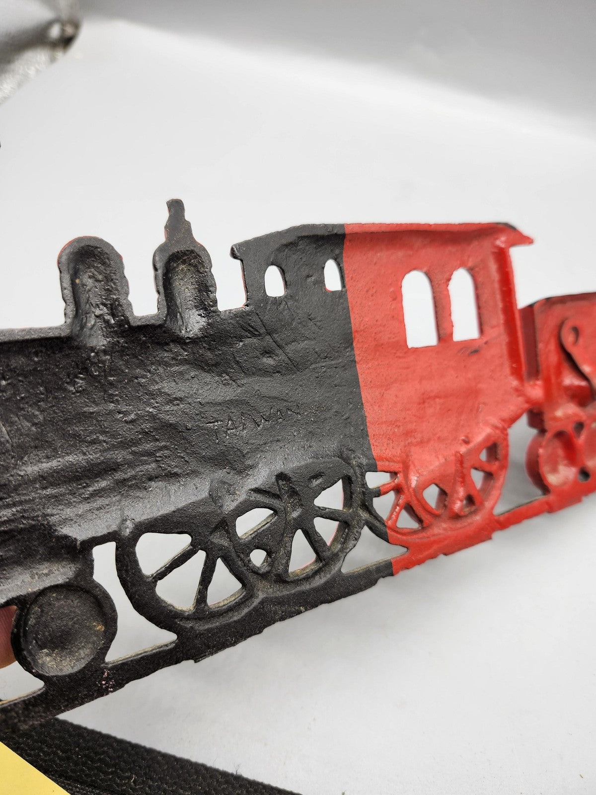 Vintage Unmarked Train Locomotive Plaque Red Black Cast Metal W&ARR Decor