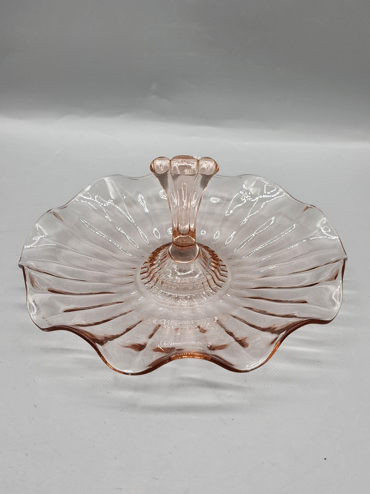 Pink Glass Serving Tray Small Round Handle Scalloped Vintage Retro Decor Plate