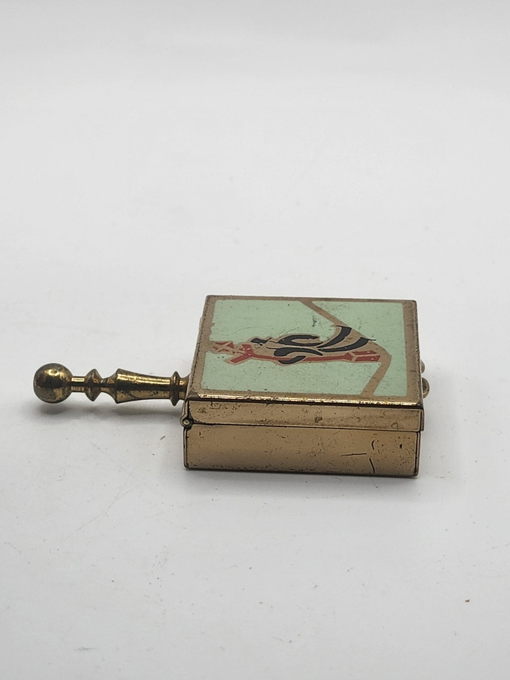 Vintage Art Deco Enamel Compact Pill Box Mint Green Gold Tone Metal Case Vanity