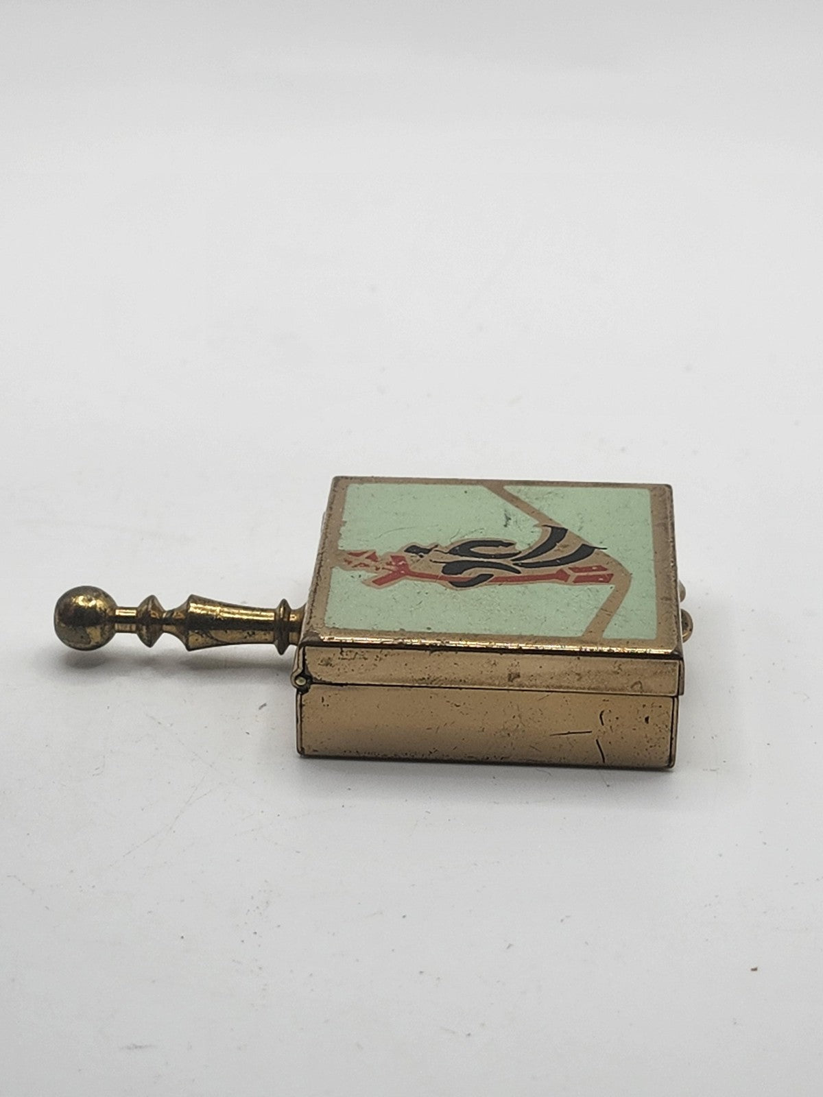 Vintage Art Deco Enamel Compact Pill Box Mint Green Gold Tone Metal Case Vanity