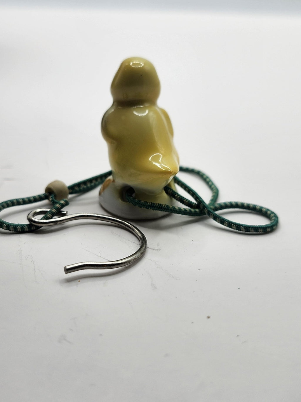 Porcelain Duck Ornament Small Yellow Bird Green Cord Metal Hook Figurine Decor