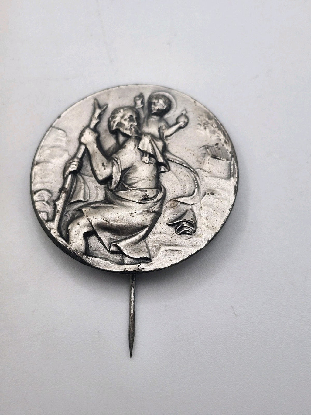 Vintage Saint Christopher Round Pin Silver Tone Religious Medal 1.75 Inch Gift
