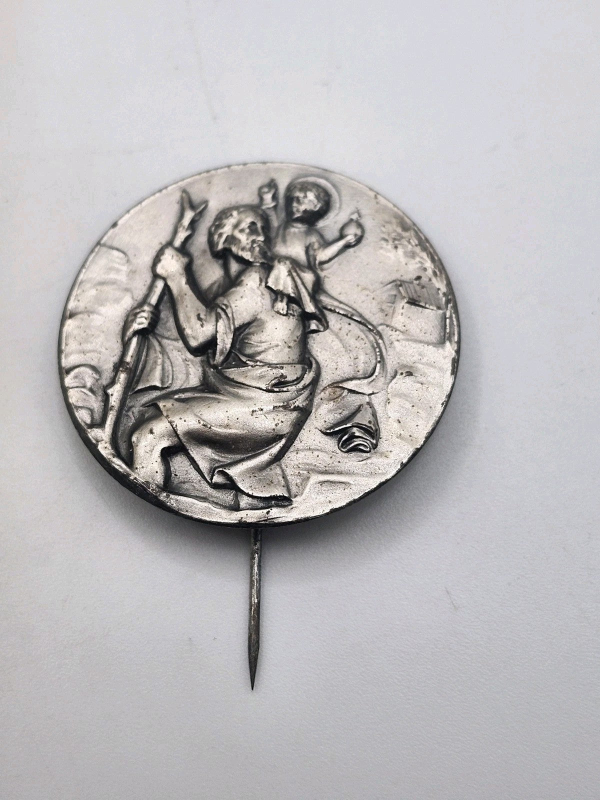 Vintage Saint Christopher Round Pin Silver Tone Religious Medal 1.75 Inch Gift