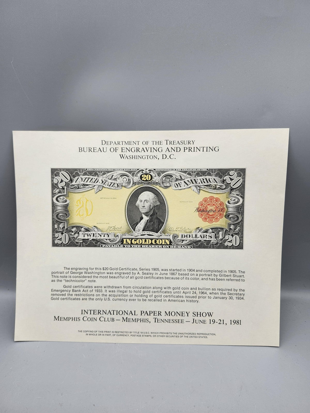 1981 BEP Souvenir Card 1905 $20 Gold Certificate Note Print Memphis Show
