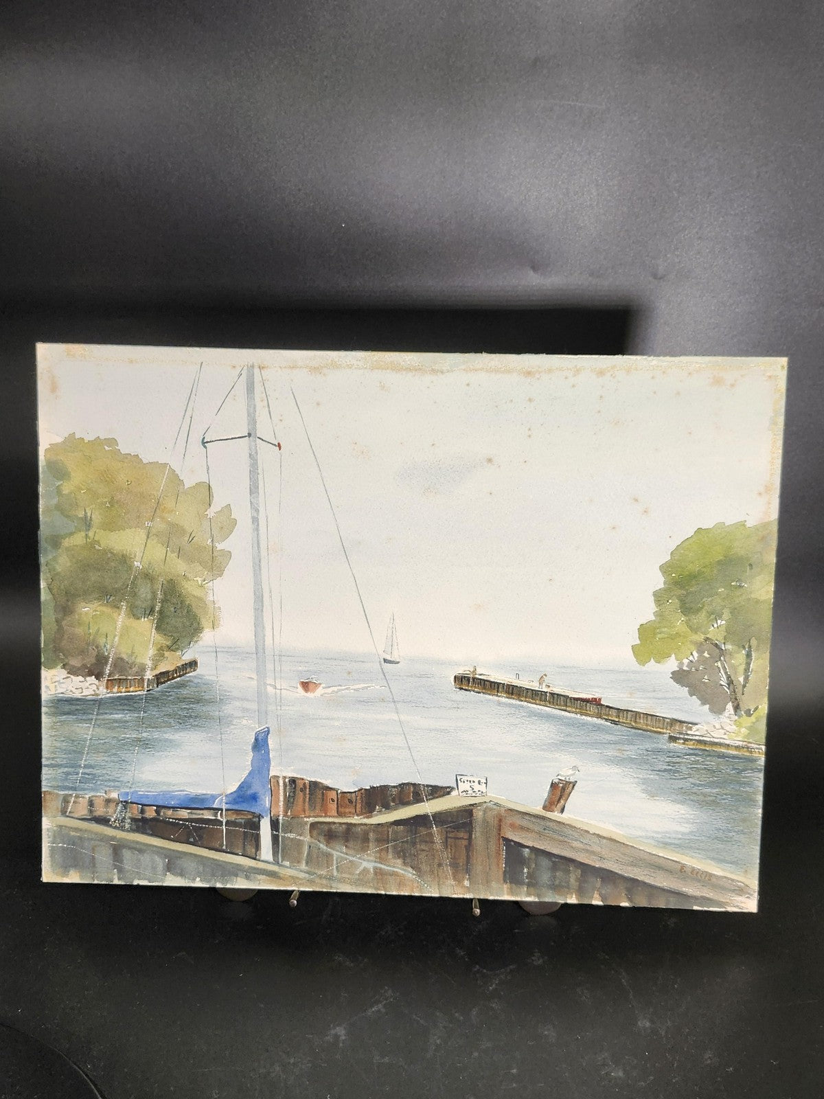 Vintage Harbor Sailboats Watercolor Painting On Paper Unframed 1989 Ellis OOAK