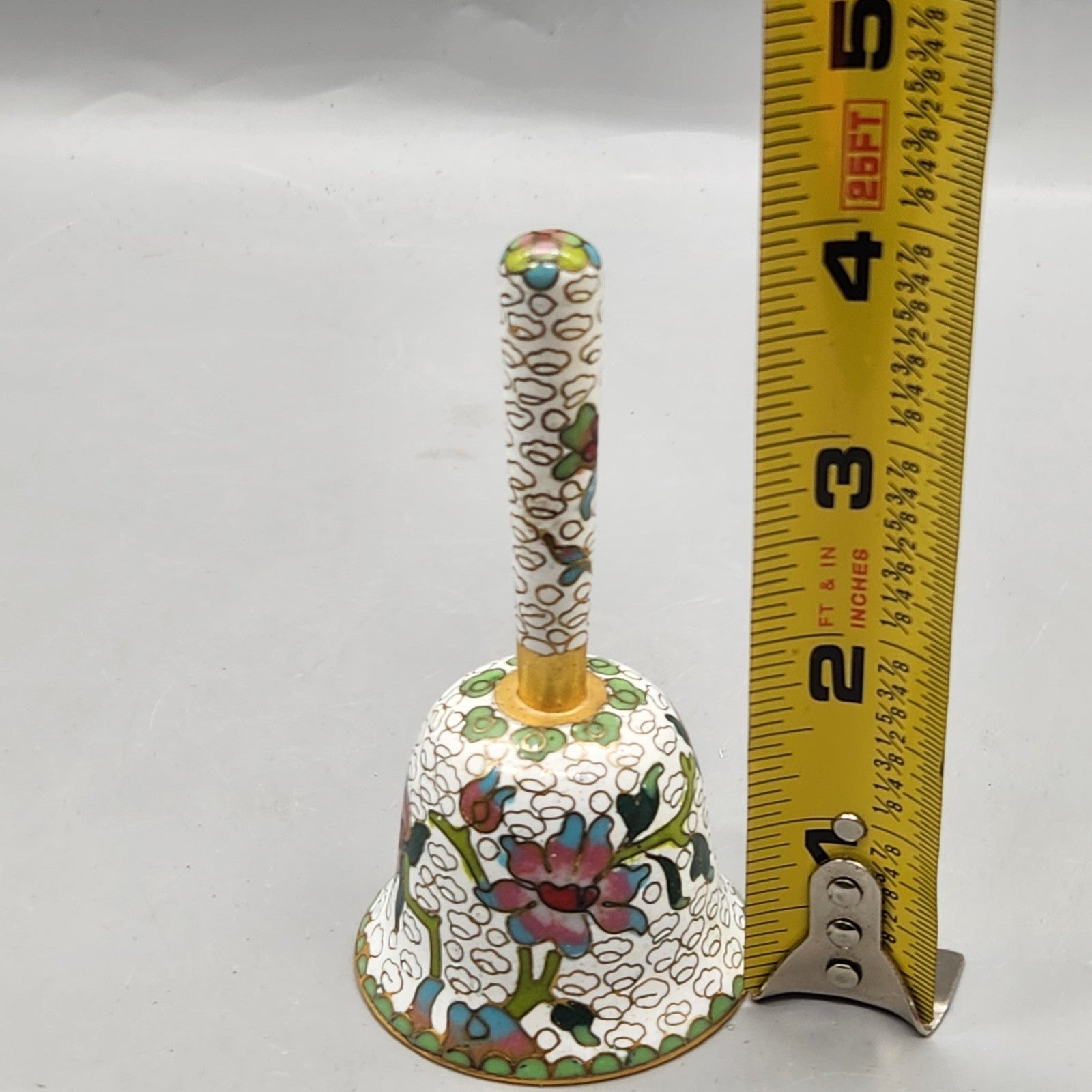 Vintage Cloisonné Enamel Bell Floral Design Decorative Brass Hand Bell 4"