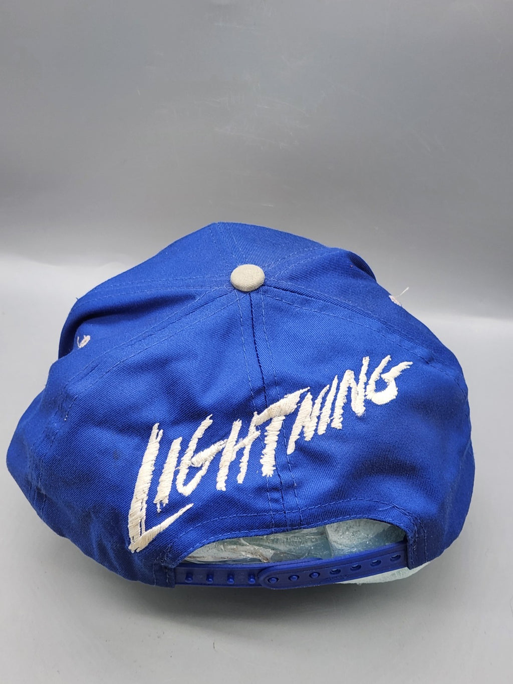 Vintage Tampa Bay Lightning Snapback Hat NHL Script Logo AJD Blue White 1990s