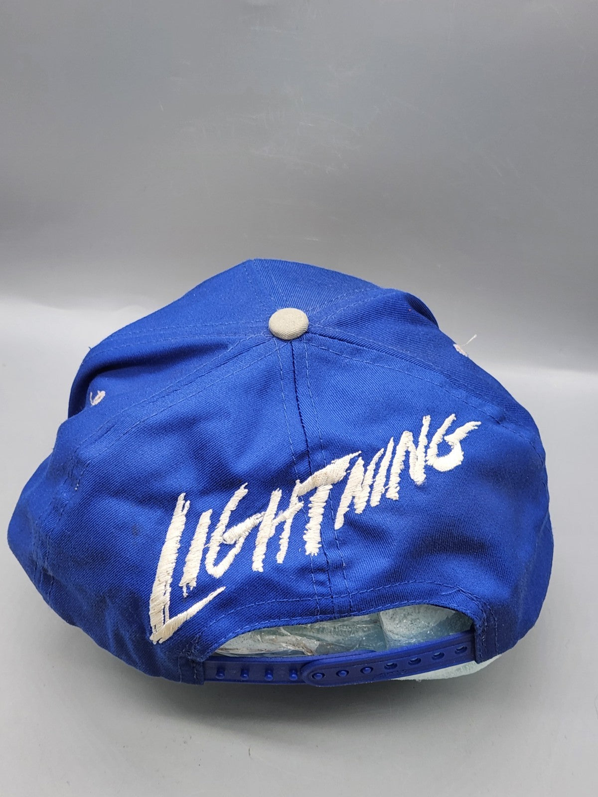 Vintage Tampa Bay Lightning Snapback Hat NHL Script Logo AJD Blue White 1990s