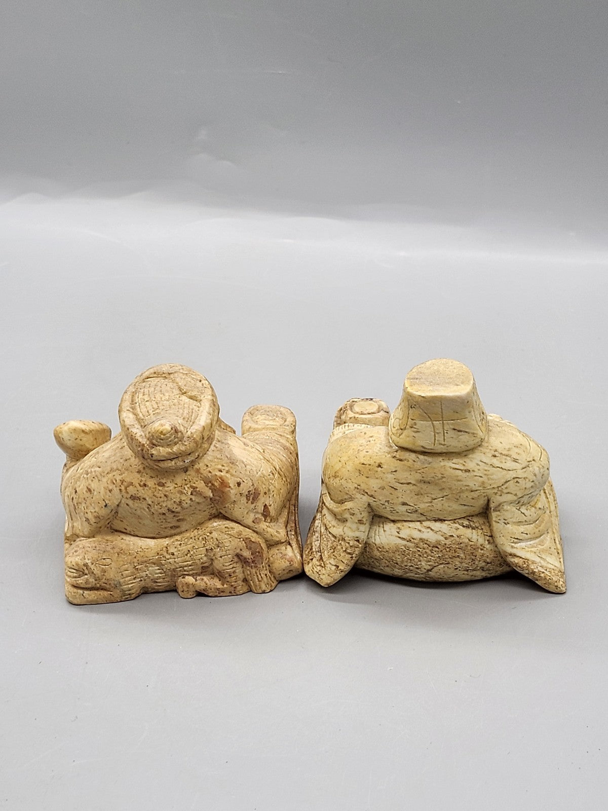 Pair Asian Carved Stone Buddha & Fukurokuju Figurines Vintage 4" Statues