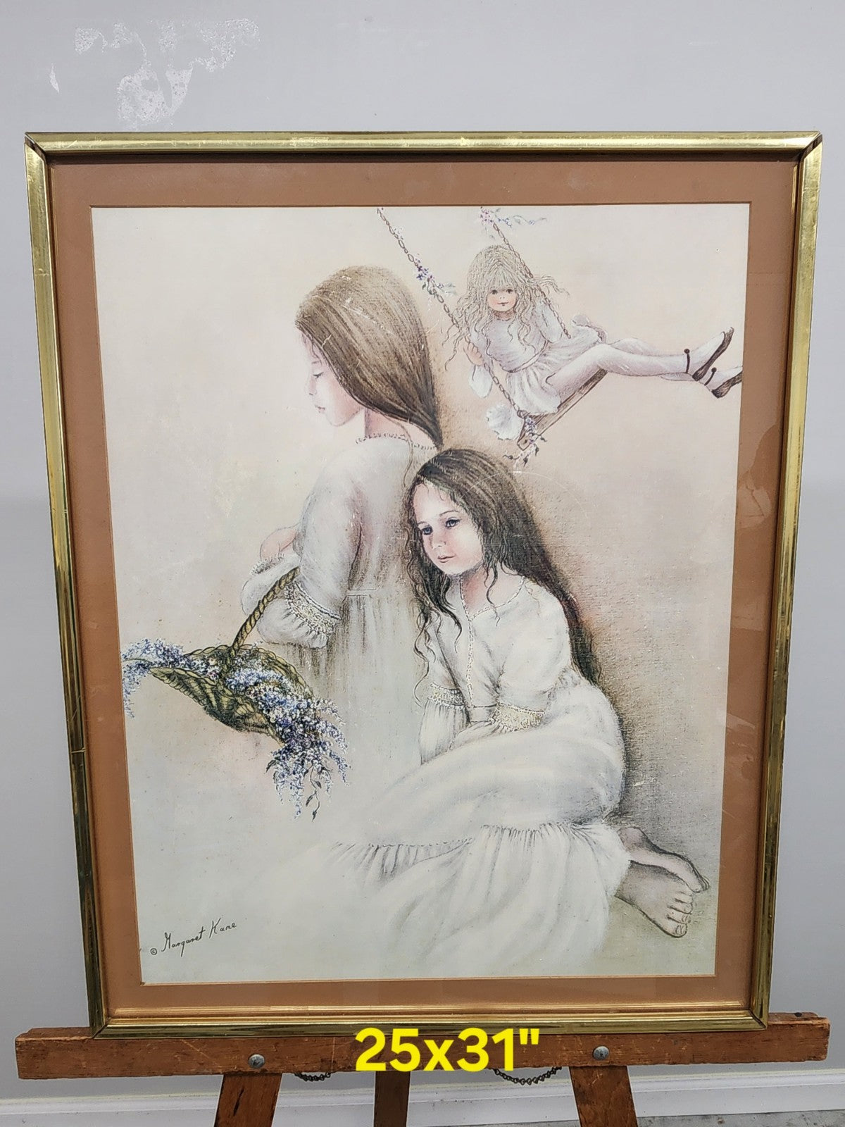 Vintage Margaret Kane Framed Print Wall Art 25” x 31” Cottagecore Girls